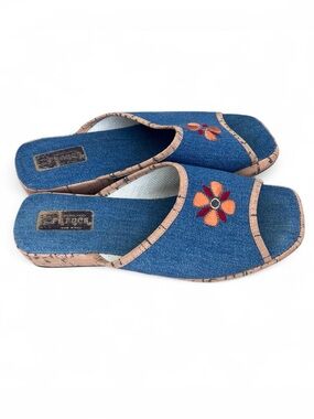 Made in Italy Denim Slide Sandals with Floral Embroidery 9.5 US